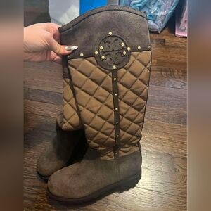 Tory Burch Designer Lenna Brown Riding Quilted Boots Sz 7